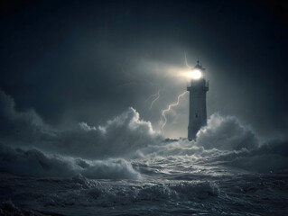 Dramatic Lighthouse Guiding Through a Thunderous Night Storm