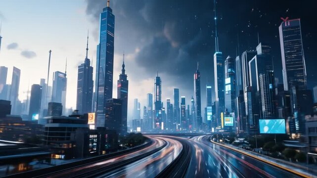 A futuristic cityscape with digital connectivity and smart technology. 4k video