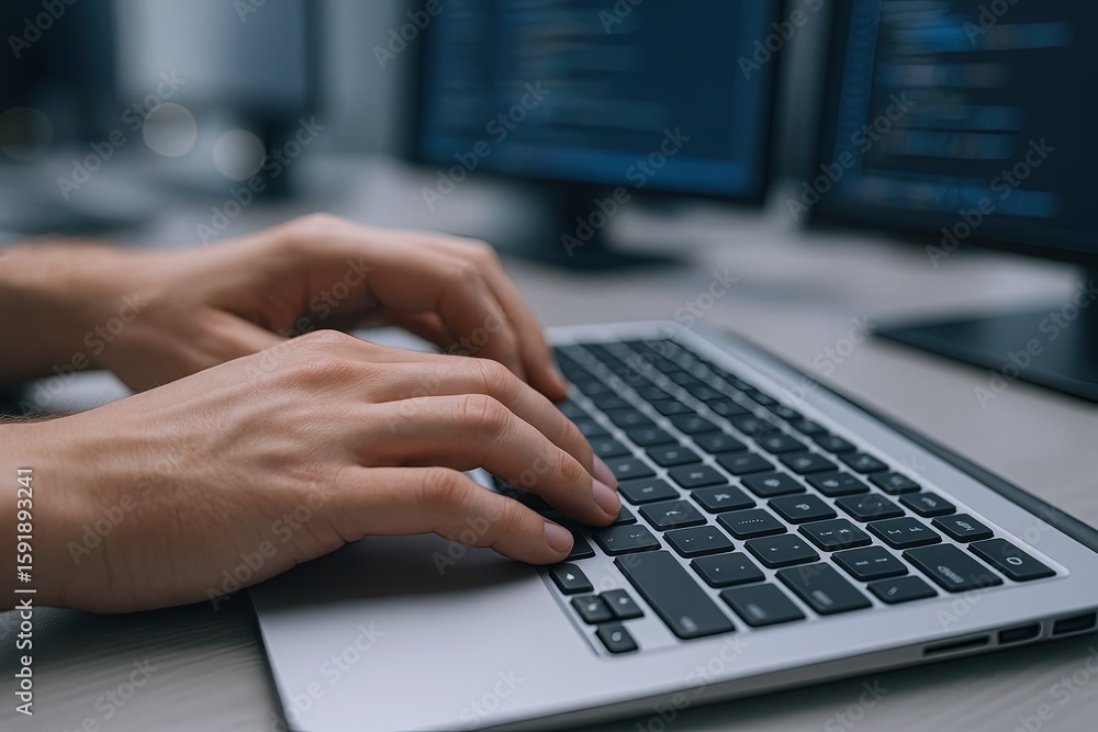 Poster close-up of hands typing on a modern laptop keyboard with multiple screens in background.