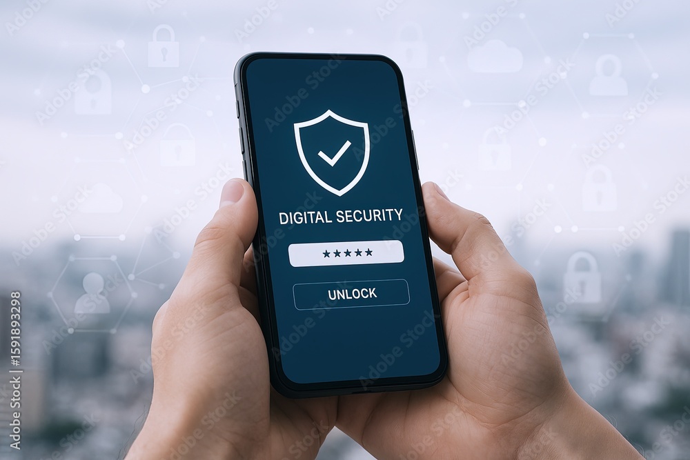 Poster close-up of a person holding a smartphone displaying digital security shield unlock screen.
