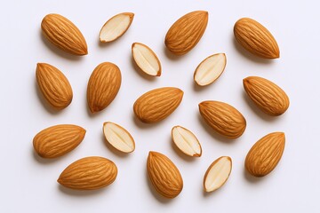 Obraz premium Assorted whole and halved almonds on a white background for healthy snack concept.