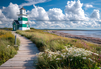 Picturesque Green and White Lighthouse on a Coastal Boardwalk