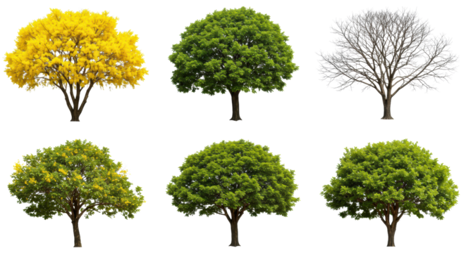 Ten distinct trees: some with vibrant yellow flowers, lush green foliage, one bare, isolated on a transparent background with copy space and no shadows. Concept of natural design assets for