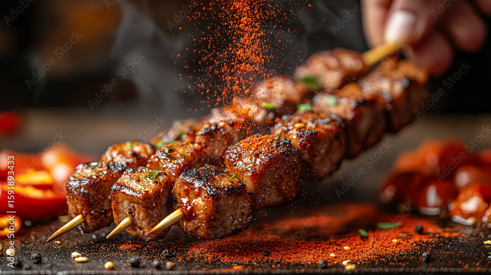 Poster person is cooking meat skewers on a grill, with a lot of spice on them. the spices are falling off t