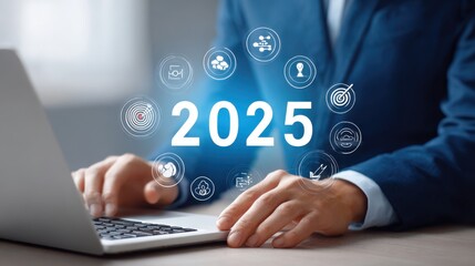 Business professional using a laptop with futuristic digital icons and the year 2025 symbolizing future planning and innovation