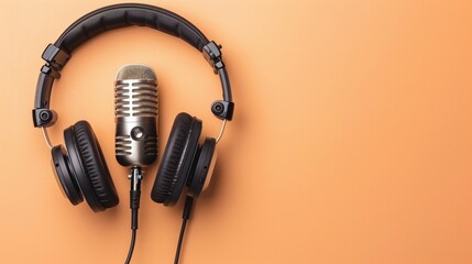 podcasting concept, directly above view of headphones and recording microphone on orange background