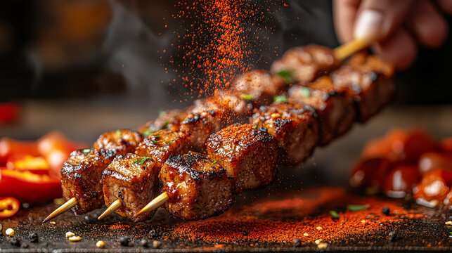 Person is cooking meat skewers on a grill, with a lot of spice on them. The spices are falling off the skewers, creating a colorful and appetizing scene. Scene is lively and inviting