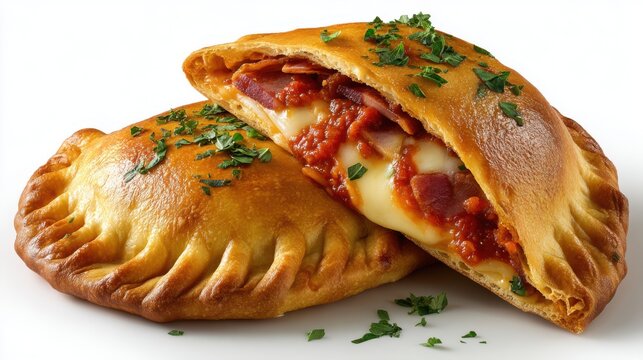 Delicious golden brown calzone filled with melted cheese savory tomato sauce and tender bacon garnished with fresh herbs