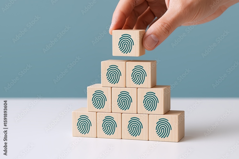 Poster hand stacking wooden blocks with fingerprint icons arranged in a pyramid formation.