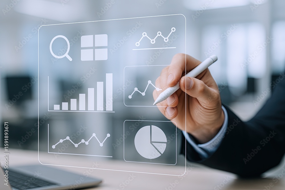 Aufkleber business analyst hand interacting with digital graphs and data charts on transparent screen.