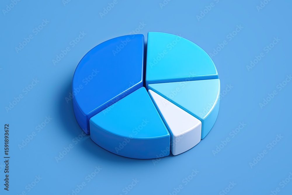 Poster 3d pie chart diagram with colorful segments on a smooth blue background for data analysis.