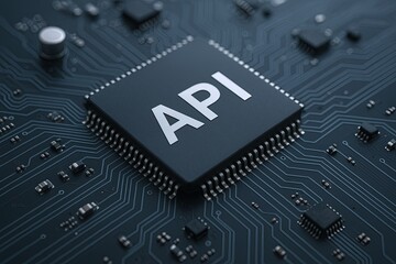 Close-up of a microchip with API written on it integrated into electronic circuit board.