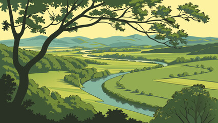 Green rural landscape with fields, trees, and a summer sky