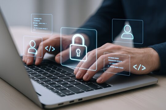 Innovative cybersecurity concept with digital lock icons and hologram interfaces on laptop. - Powered by Adobe