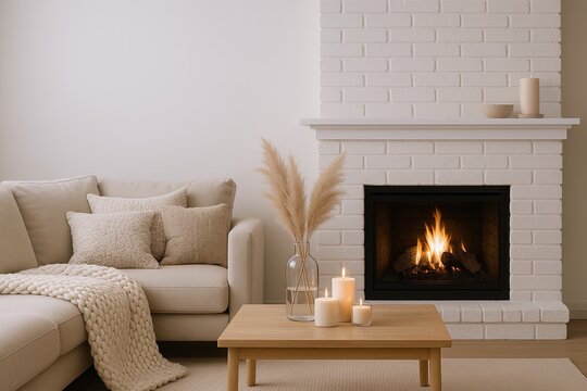 Fototapeta Cozy living room with white brick fireplace lit with fire and modern minimalist decor.