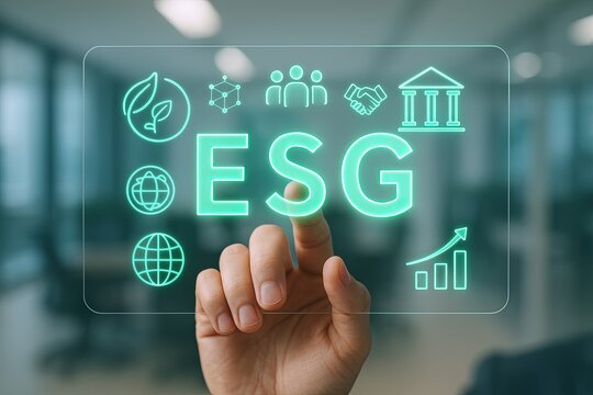 Modern digital interface highlighting environmental social governance ESG concept with icons.