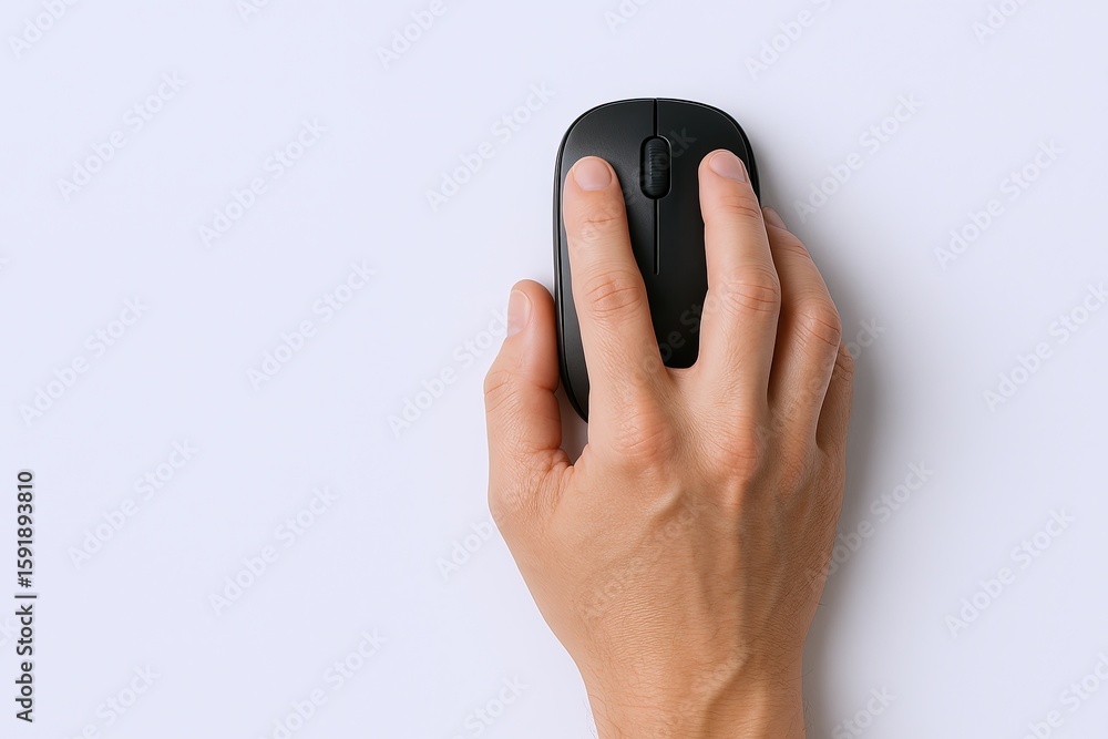 Poster close-up of a human hand holding a black computer mouse on a white background with space for text.