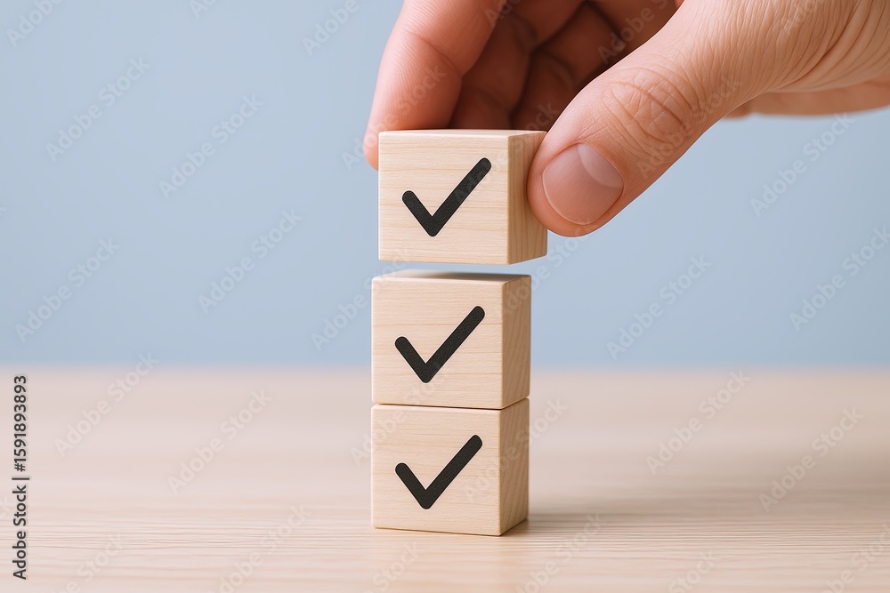 Poster hand stacking three wooden blocks with check marks symbolizing success achievement and completion.
