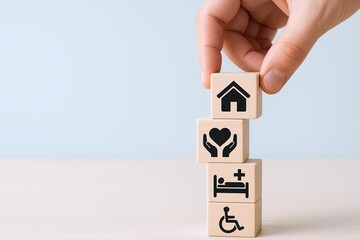 Hand stacking wooden blocks with house heart and wheelchair symbols on a light background.