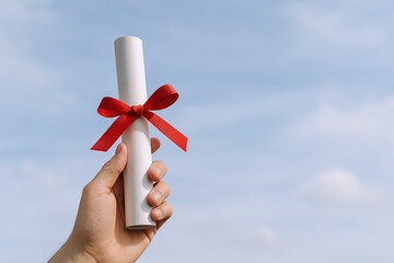 Hand holding a rolled white diploma with a red ribbon bow against blue sky background.