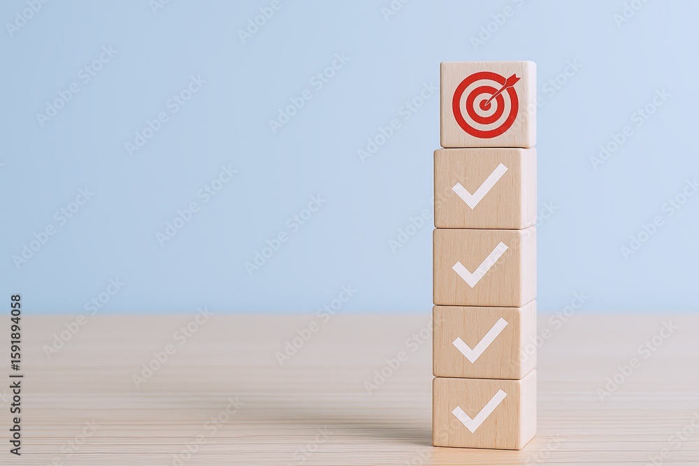 Poster stack of four wooden blocks with checkmarks and target symbol on top against light blue background.