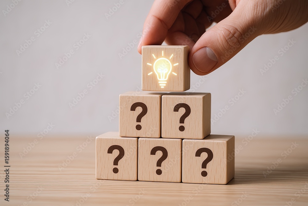 Aufkleber hand stacking wooden blocks with light bulb and question marks for idea and innovation concept.