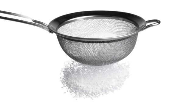 Dusting Powdered Sugar Through a Fine Mesh Sieve on Transparent Background

