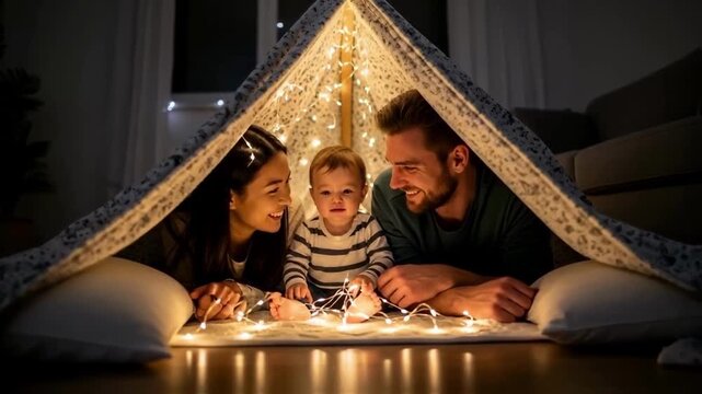 Happy family with a baby playing in a cozy homemade tent decorated with fairy lights at home, a warm scene representing parenthood, childhood memories, and family togetherness