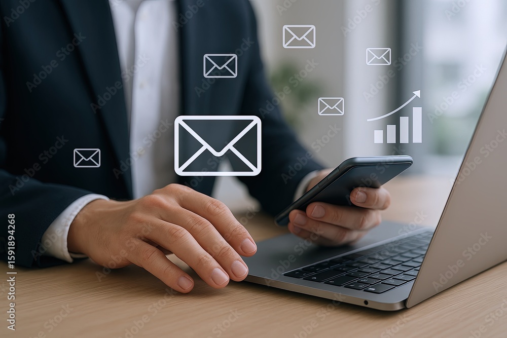 Poster business professional sending email using smartphone and computer with digital icons.