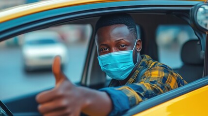 Confident taxi driver wearing mask giving thumbs up for safe rides during pandemic