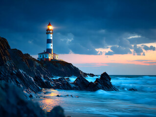 Iconic Lighthouse on Rocky Coastline at Dramatic Sunset