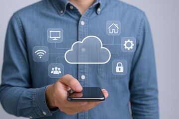 Person Holding Smartphone with Cloud Computing Technology Icons in Modern Indoor Environment.