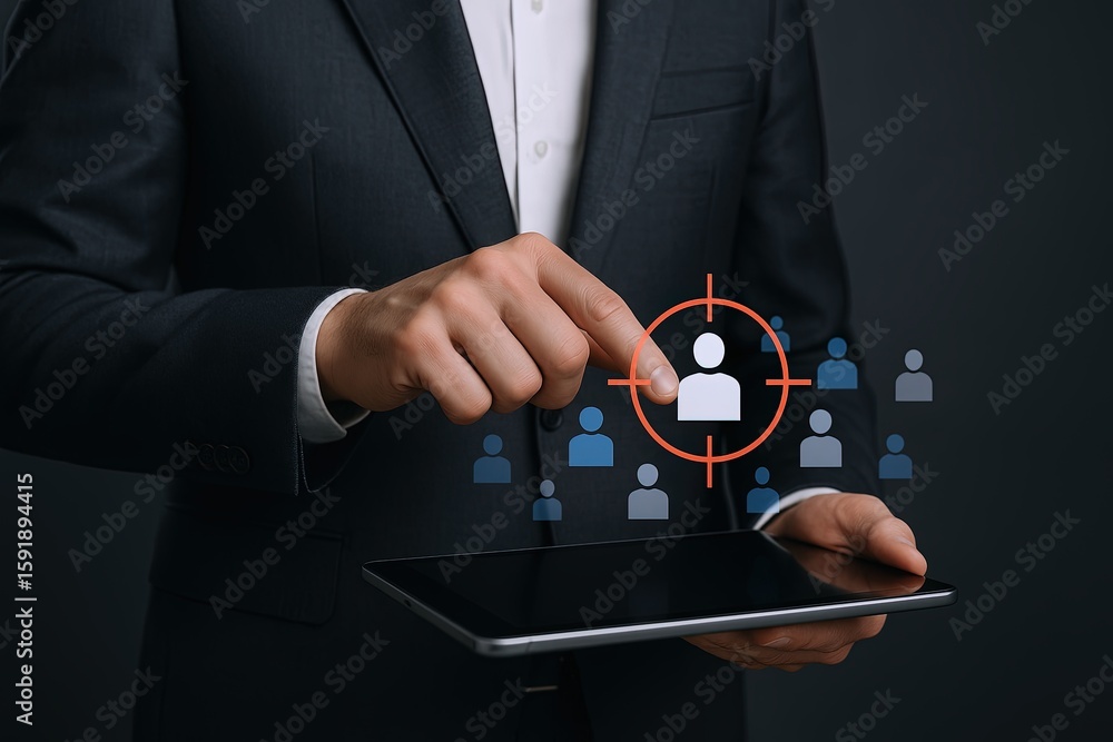 Poster businessman in suit using tablet with digital security and target selection icons.