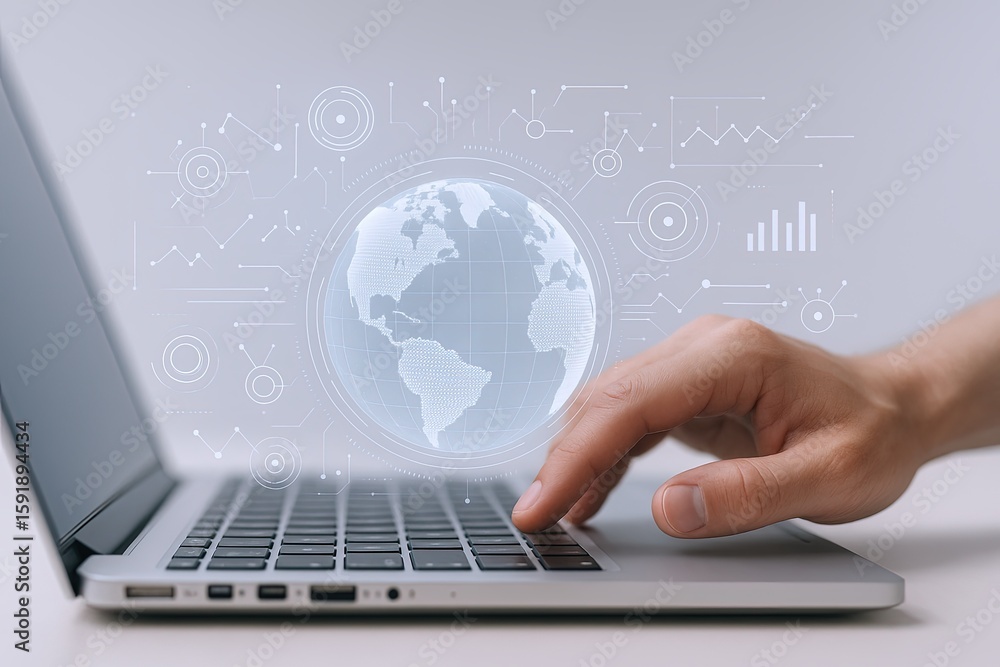 Poster hands typing on laptop with futuristic digital globe and technology icons display.