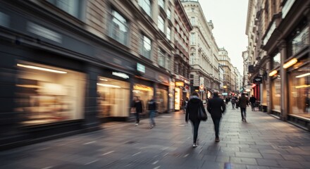 Obraz premium A blurred urban street scene depicting people walking among buildings and storefronts
