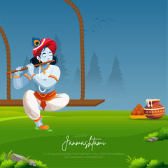 Happy Khrishna Janmashtami and dahi handi Hindu festival of happy shree lord krishna god born with janmashtami text and gradient background. abstract vector illustration design.