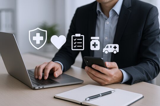 Businessman Using Smartphone with Digital Healthcare Icons on Screen in Office.