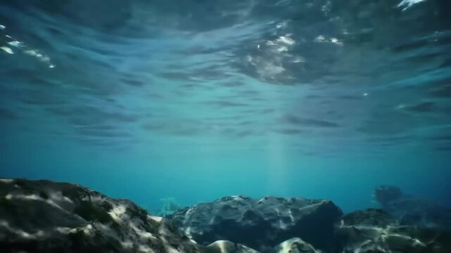 underwater sunbeams and animated caustics, tranquil ocean scene, photorealistic, 8-second motion