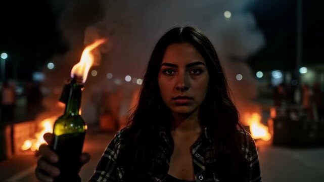 A defiant young woman holds a burning molotov cocktail during a nighttime riot, her intense gaze symbolizing revolution, social unrest, rebellion, and radical political protest