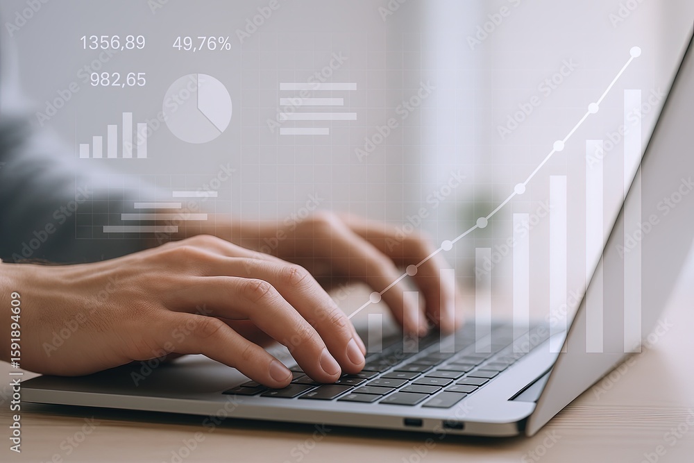 Aufkleber businessperson analyzing financial data on laptop with graphs and charts displayed.