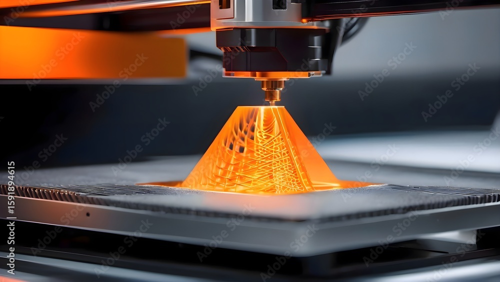 Poster 3d printer machine in action with yellow indicator light, showing advanced additive manufacturing te