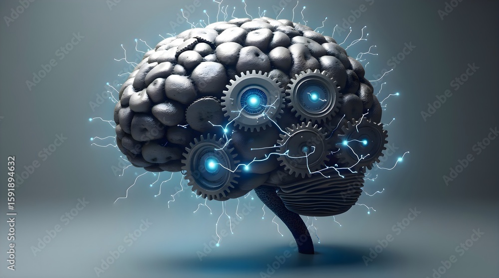 Poster 3d rendered image of a human brain with gears and electric bolts symbolizing artificial intelligence