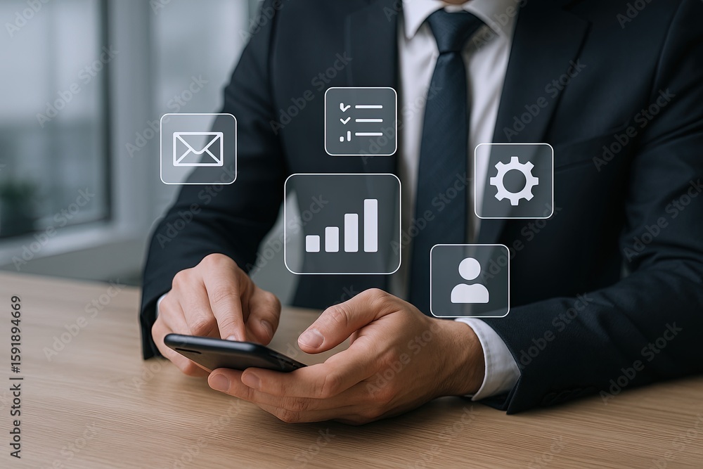 Poster businessman using smartphone with digital data and communication icons overlayed.