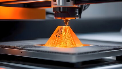 3D printer machine in action with yellow indicator light, showing advanced additive manufacturing technology in a lab setting