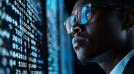 AI cyber security threat concept, black african american man analysing artificial intelligence scams, data risks and leaks, IT worker, AI in hacking coding, digital security, stock market, AI trading	