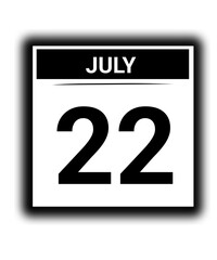 Black and white color July month calendar date 22