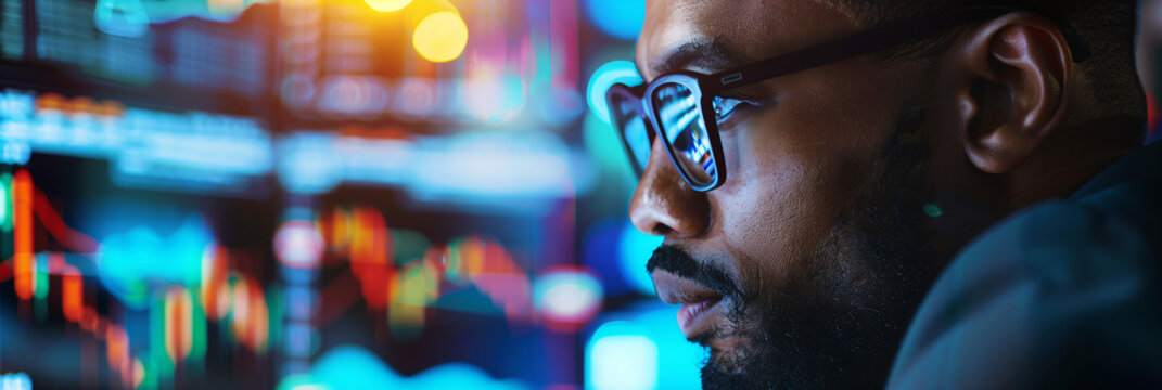 AI cyber security threat concept, black african american man analysing artificial intelligence scams, data risks and leaks, IT worker, AI in hacking coding, digital security, stock market, AI trading	