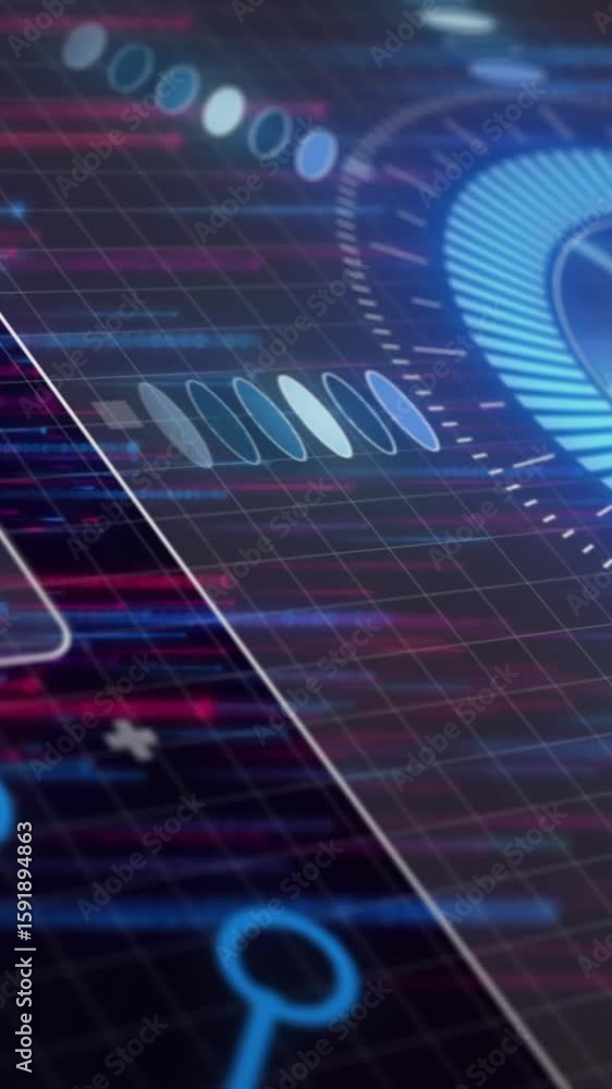 Poster animation of loading circles, circuit board pattern, soundwave over abstract pattern