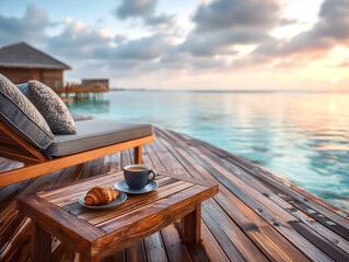 Tranquil Morning Coffee on Overwater Bungalow Deck at Sunrise