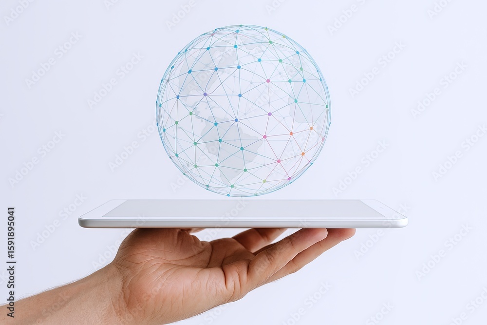 Poster hand holding flat surface with floating geometric network sphere digital technology.